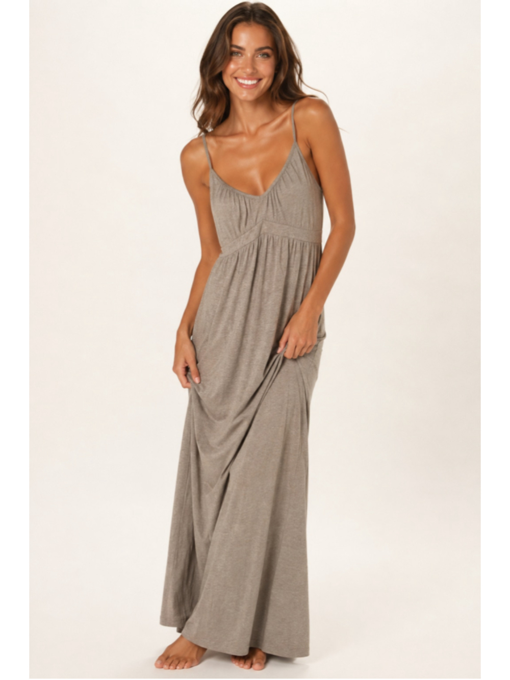 Old Navy Modal Maxi Dress Smocked Waist Boho Taupe M Quiet Luxury Parisian Beach - Picture 1 of 7
